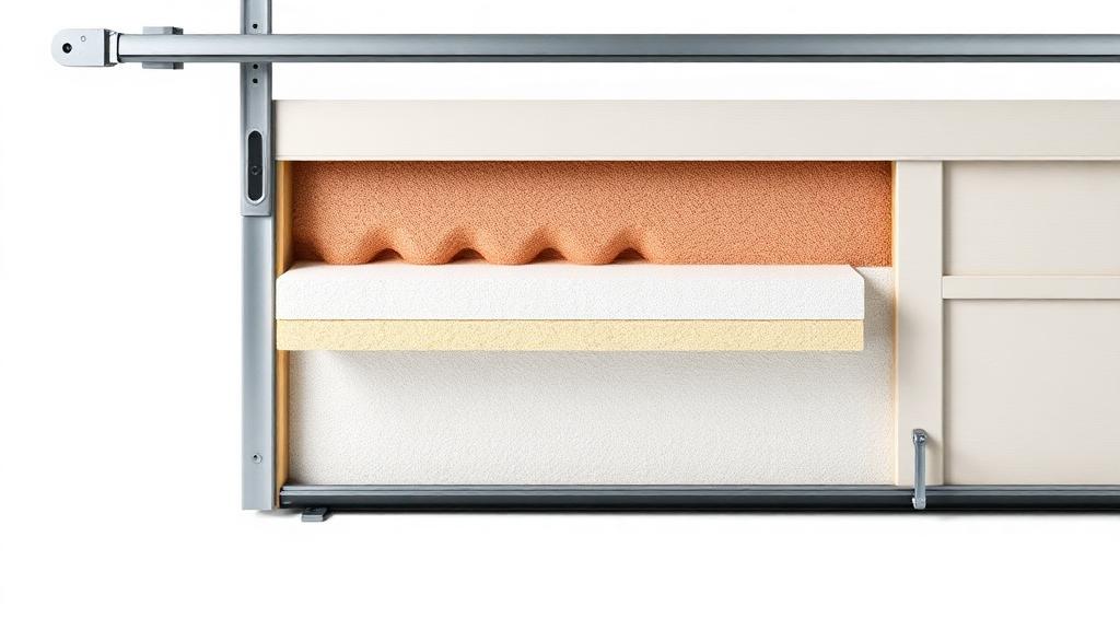 Cross-section of insulated garage door panel showing foam insulation layers