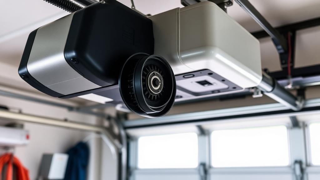 Garage door motor and opener mechanism showing belt drive system for residential garage