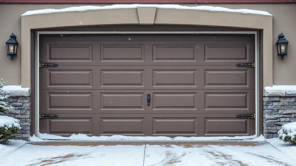 Residential garage door in winter with snow on ground and frost on hardware
