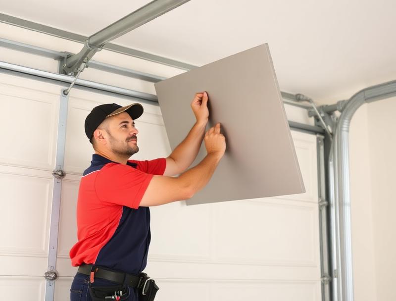 Expert garage door technician performing professional maintenance service on residential garage door